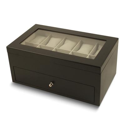 Curata Matte Black Finish Glass Lid 1-Drawer Velour Lined Wooden 20-Watch Box