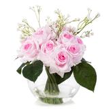 Enova Home 14 Pieces Mixed Artificial Rose and Baby Breath Flowers Arrangement in Clear Glass Vase with Faux Water