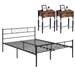 3-Piece Bedroom Set, Black Metal Platform Bed Frame and 2 Brown Nightstands