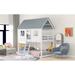 Twin Over Twin Low Bunk Bed, Wood Bed with Ladder, House Bed Frame with Guardrails, Play House with Roof and Window