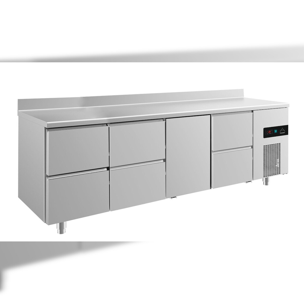 A&S polarny 632l Gastro Kühltisch 1 Tür mittig je 2 Schubladen links&mittig&rechts Umluftkühlung Aufkantung, 2330x700x850mm -2/+8°C Image