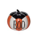 The Holiday Aisle® Halloween Striped Pumpkin Cookie Jar Ceramic | 5.75 H x 6.75 W x 6.5 D in | Wayfair 4154CBDD865548B2B5FEFBBF105B9BB3