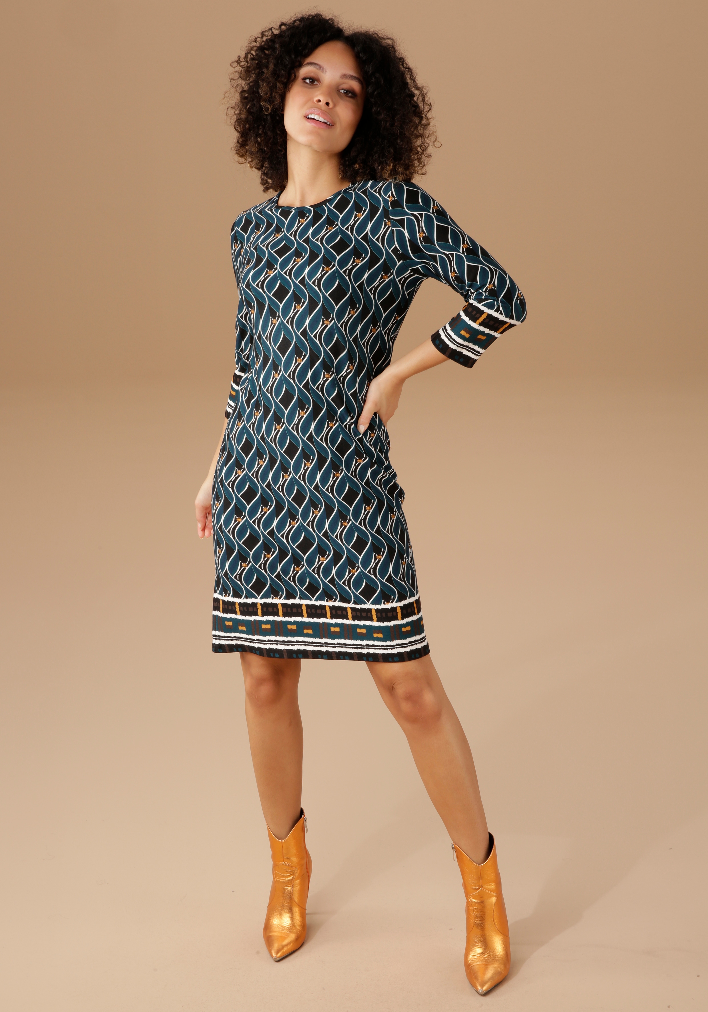 Jerseykleid ANISTON SELECTED, Damen, Gr. 48, N-Gr, blau (schwarz, petrol, sanftes weiß, zimt, braun), Milano Rib, Obermaterial: 85% Viskose, 10% Polyester, 5% Elasthan, gemustert, figurumspielend kniefrei, Rundhals, Kleider, im Retro-Dessin, Topseller Image