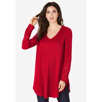 Plus Size Women's Plus Size Knit Thermal Lace Trim Tunic - Long Sleeve by Roaman's in Vivid Red (Size 30/32)
