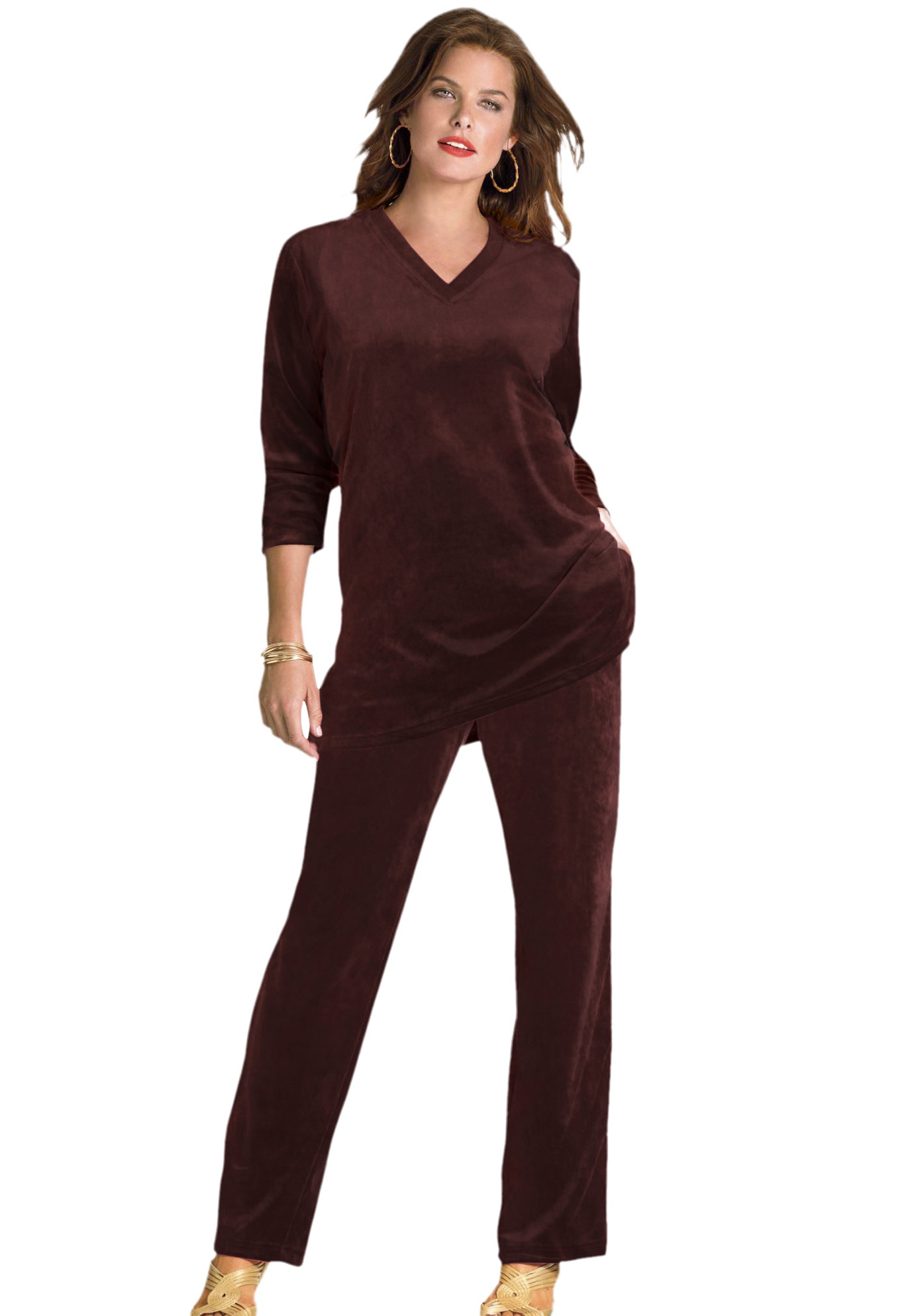 Plus Size Women's Plus Size Two-Piece V-Neck Velour Set by Roaman's in Chocolate (Size 26/28) Jogger