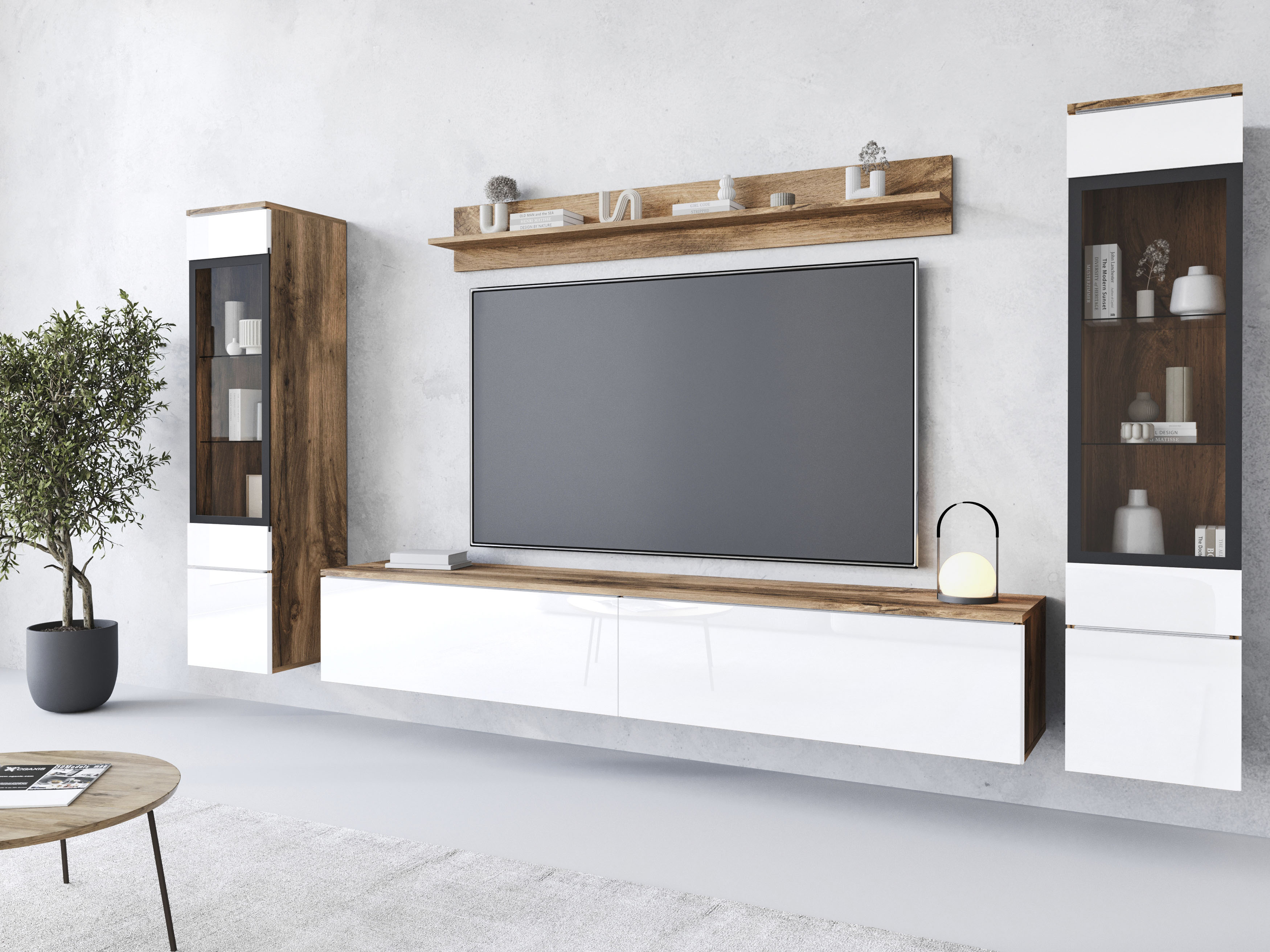 Wohnwand INOSIGN "VERA II", weiß (votaneichefarben, weiß hochglanz), B:260cm H:130cm T:33cm, Kastenmöbel-Sets, Mediawand 260 cm, Vitrine mit Verglasung, stehend und hängend, Topseller