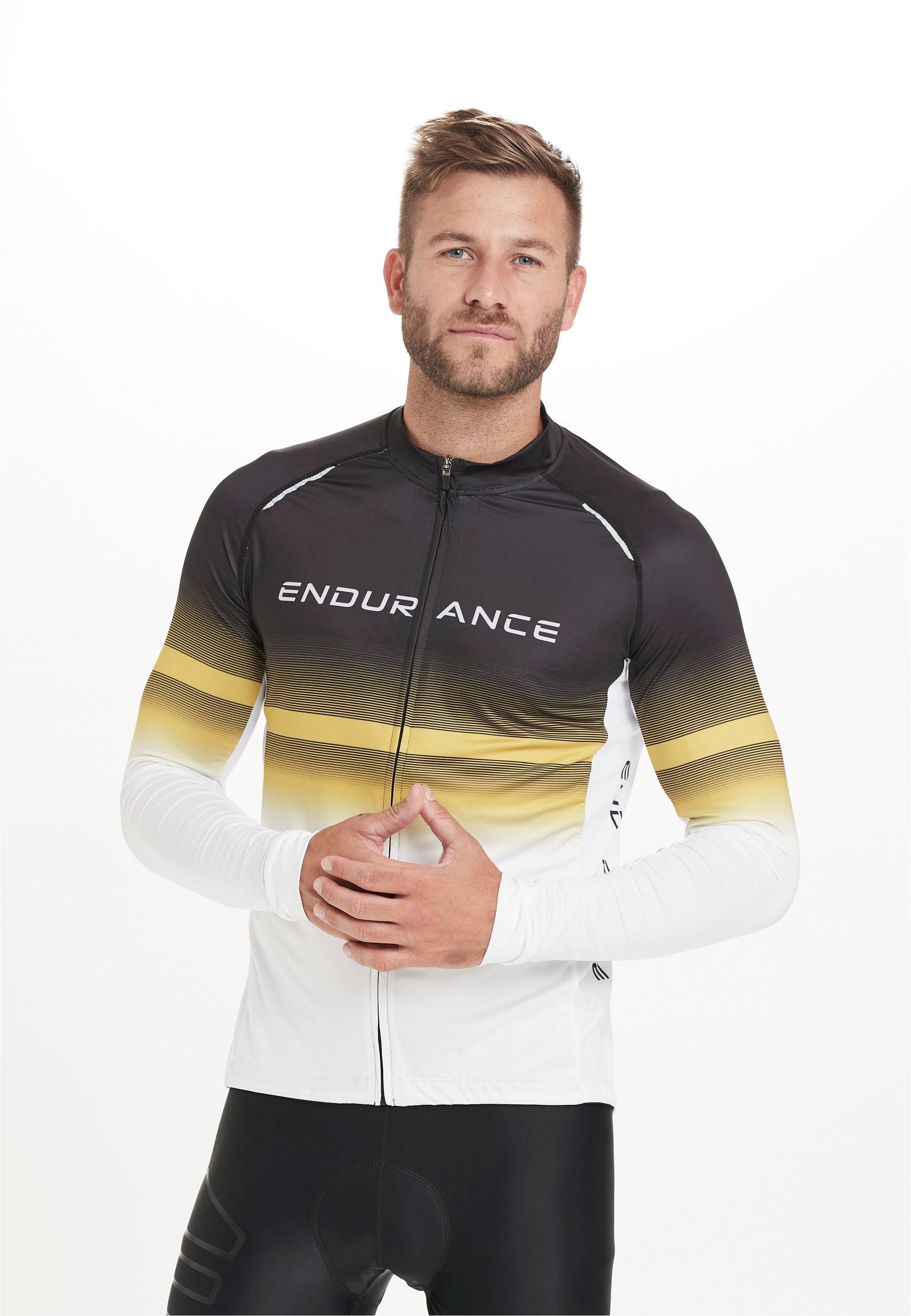 Radtrikot ENDURANCE "Jobert", Herren, Gr. 3XL, schwarz (schwarz, gelb), 90% Polyester, 10% Elasthan, bedruckt, mehrfarbig, sportlich, normal, hoch geschlossener Ausschnitt, Trikots, mit reflektierenden Elementen Image
