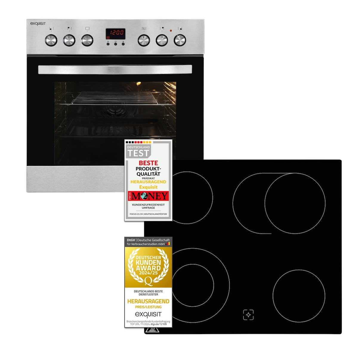 Exquisit Herd-Set, 58 Liter, Backofen mit 9 Funktionen, Kochfeld mit 4 Zonen, Umluft, Heißluft, Grill, Timer, Energieeffizienz A, EHE185-1.3 Image