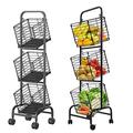 ybaymy 3 Tier Fruit Basket Vegetable Storage Trolley on Wheels Metal Trolley Baskets Market Basket Storage Stand Metal Hanging Basket Stand Organizer for Kitchen, Bathroom,Garage