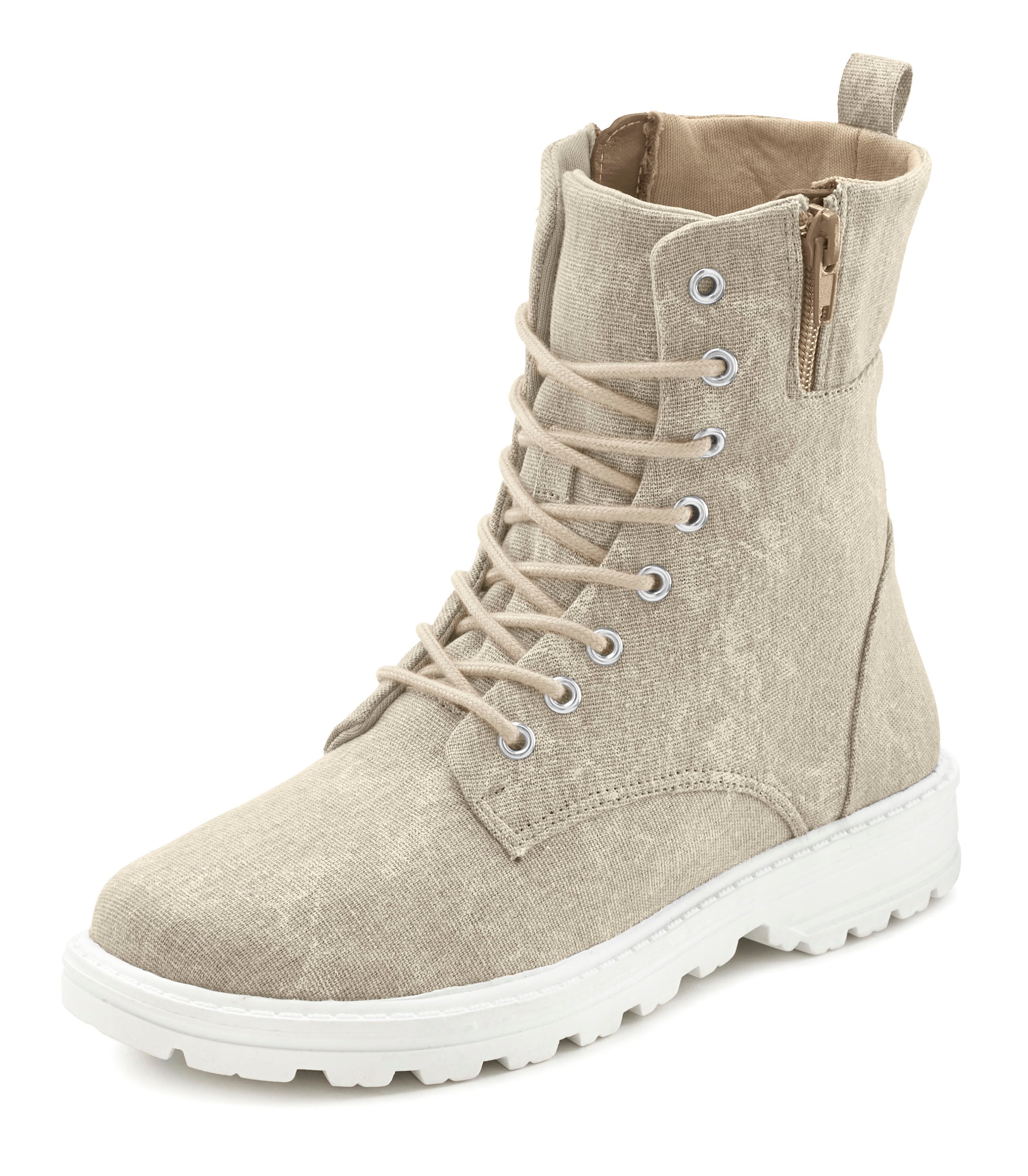 Stiefelette LASCANA, Damen, Gr. 43, beige, Obermaterial: 100% Baumwolle. Decksohle: 100% Textilmaterial. Futter: 100% Textilmaterial. Laufsohle: 100% Synthetik, unifarben, Schuhe Stiefelette, zum Schnüren, modische Optik im Combat Look,...