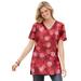 Plus Size Women's Perfect Printed Short-Sleeve Shirred V-Neck Tunic by Woman Within in Classic Red Textured Snowflake (Size 2X)