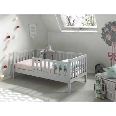 Kinderbett VIPACK "Junior, Kiefermassiv mit umlaufenden Sprossengitter und Rolllattenrost", grau (hellgrau), B:76cm H:60cm L:148cm, Betten, wahlweise in 2 Farben, mit oder ohne Schublade