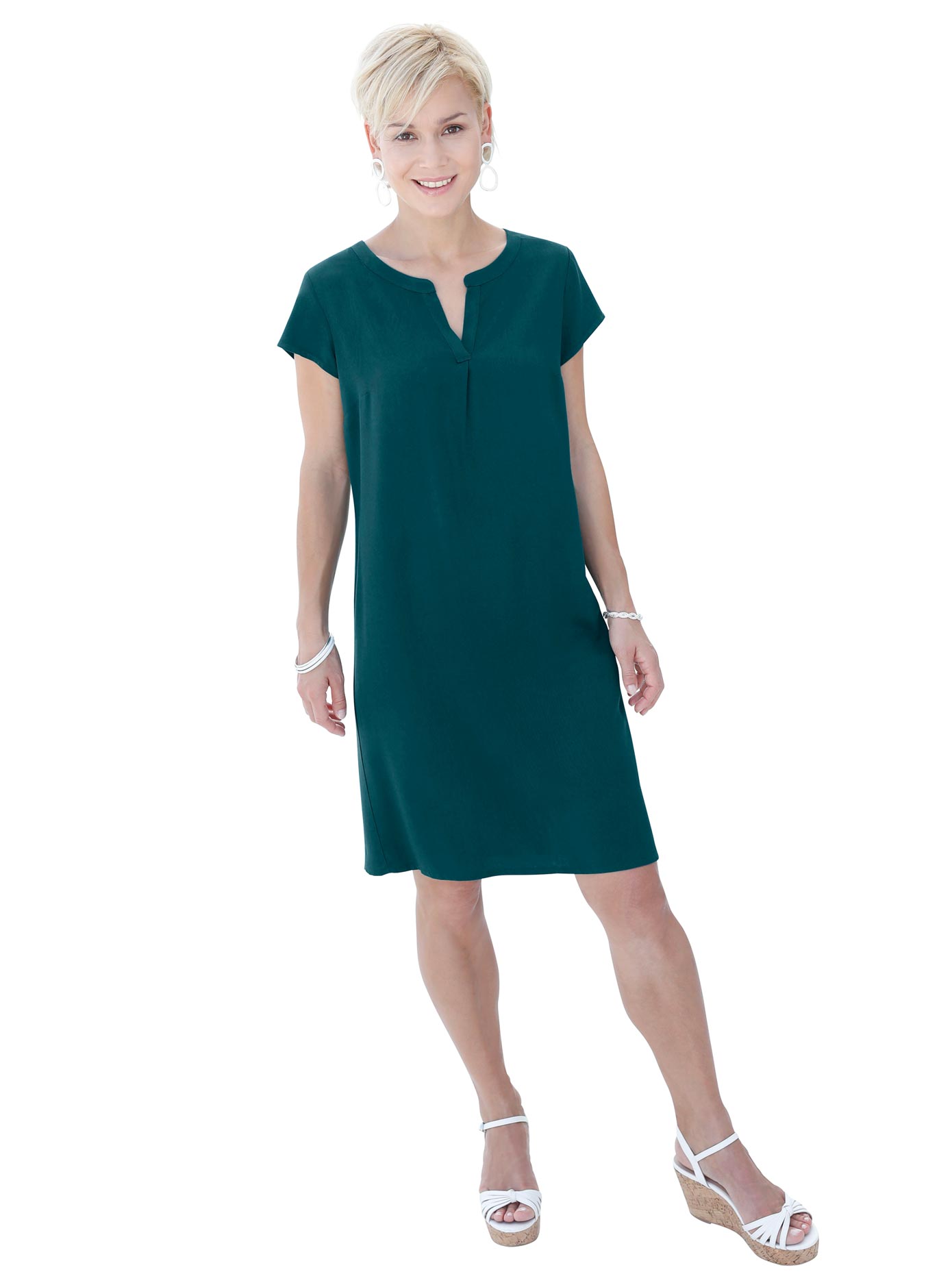 Sommerkleid CASUAL LOOKS "Kleid", Damen, Gr. 23, Kurzgrößen, grün (dunkelgrün), 100% Viskose, unifarben, kurz, Rundhals, Kleider Partykleid Image