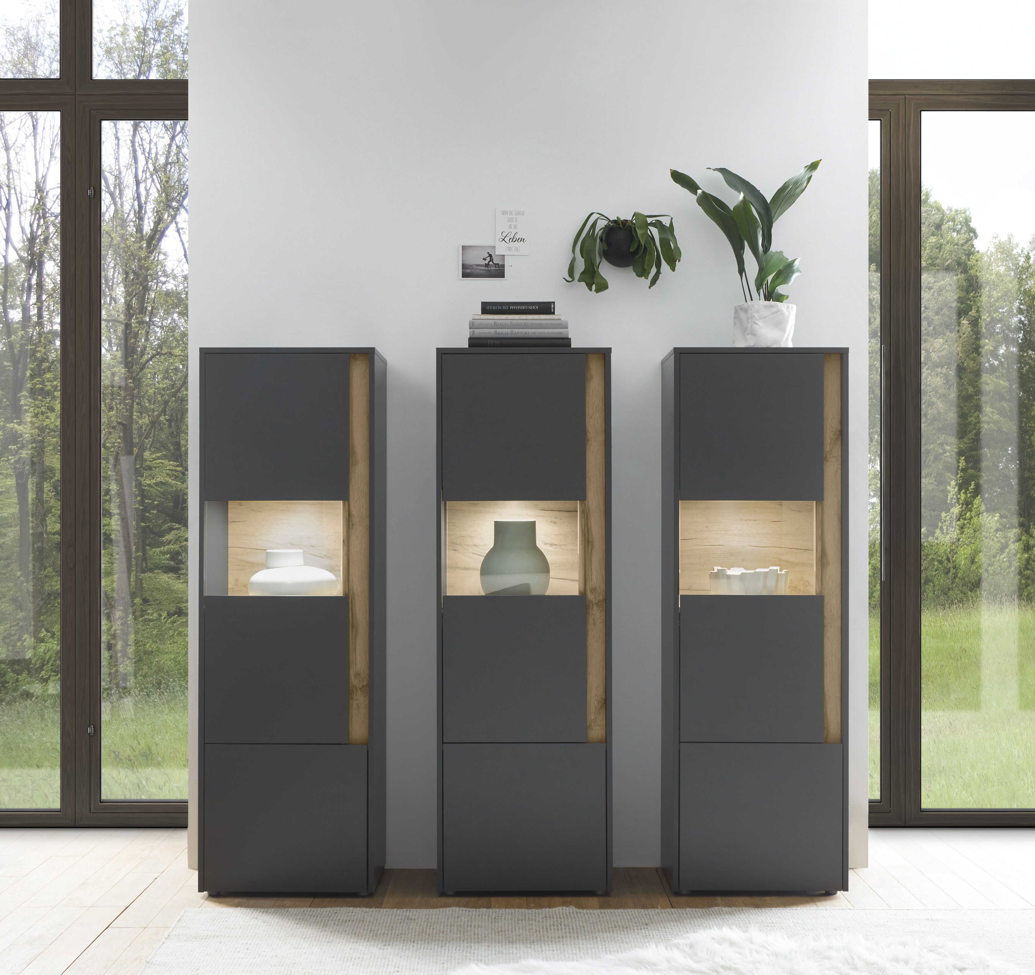 Wohnwand INOSIGN "City/Giron, moderne Anbauwand, Komplettset in vielen Farben verfügbar", grau (anthrazit), B:190cm H:155cm T:40cm, Holzwerkstoff, Kastenmöbel-Sets, Wohnwand, enthält drei Vitrinen