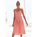 Sommerkleid LASCANA, Damen, Gr. 38, N-Gr, rot (rot, creme, bedruckt), Web, Obermaterial: 58% Viskose, 28% Baumwolle, 14% Leinen, bedruckt, modisch, figurumspielend ca. Mitte Wade, V-Ausschnitt, ohne Ärmel, Kleider, aus Leinenmix, Midikleid,...