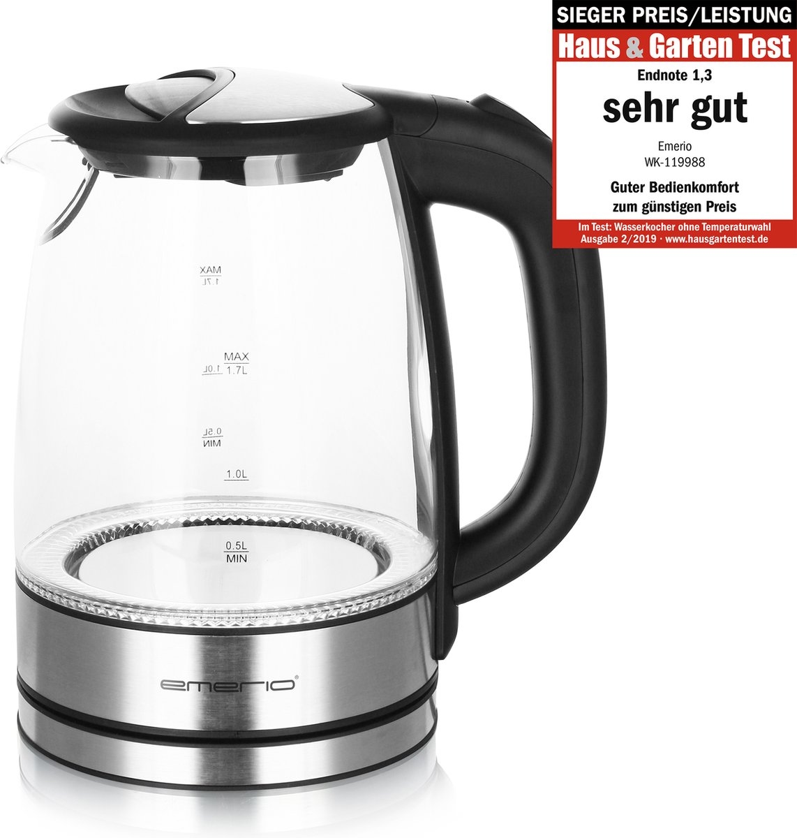 Emerio WK-119988 Wasserkocher 1,7 l 2200 W Schwarz, Edelstahl Image