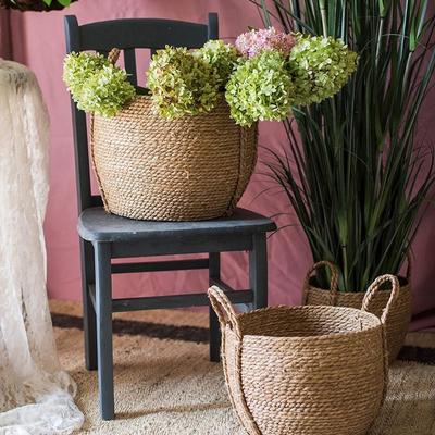 RusticReach Khaki Brown Solid Color Straw Basket With Handles