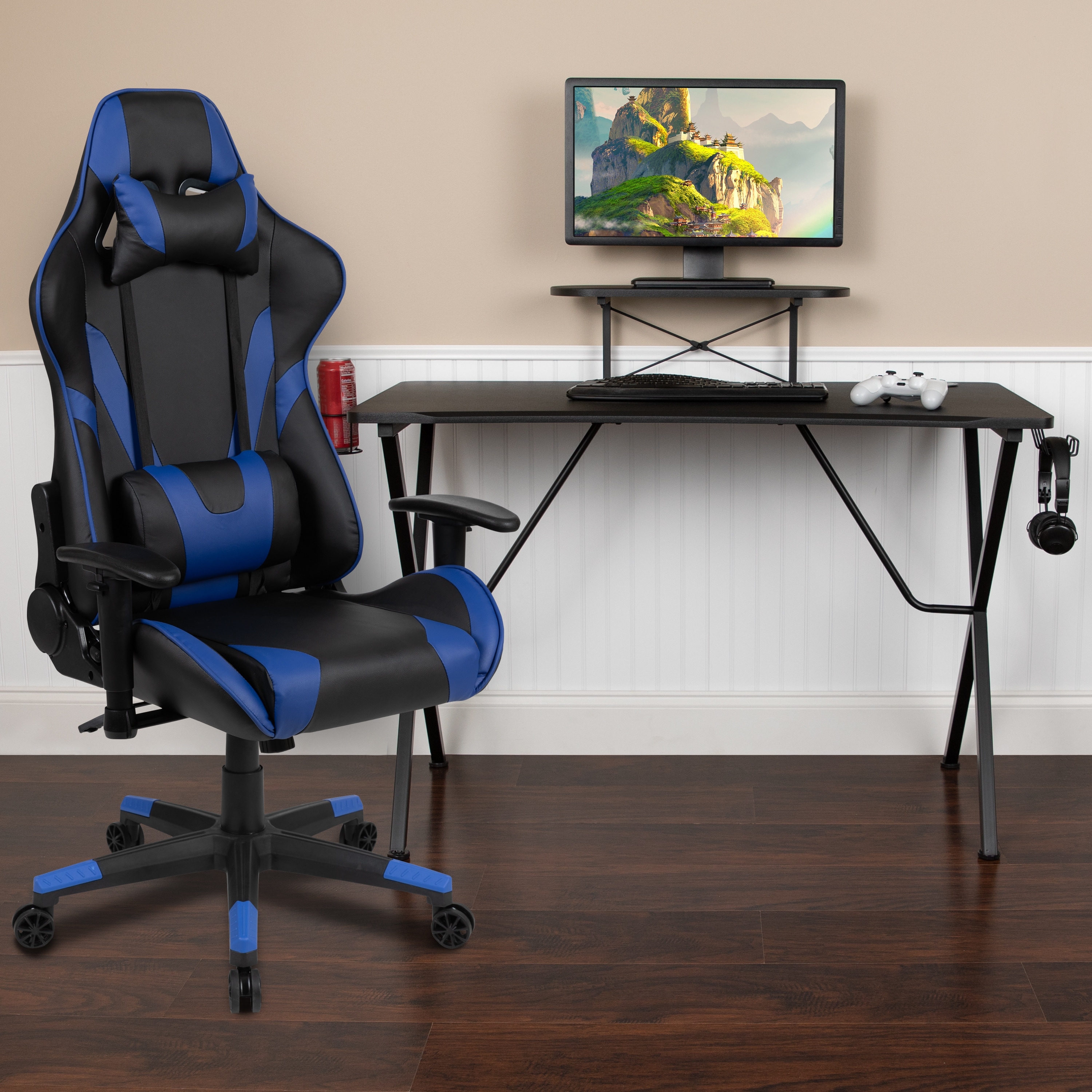 Gaming Desk & Chair Set with Cup Holder, Headphone Hook, and Monitor Stand