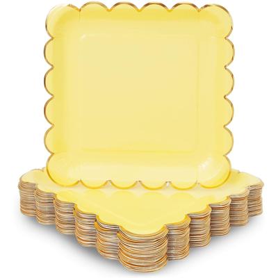 Pastel Yellow Square Paper Plates, Gold Foil Scalloped Edge (9 In, 48 Pack)