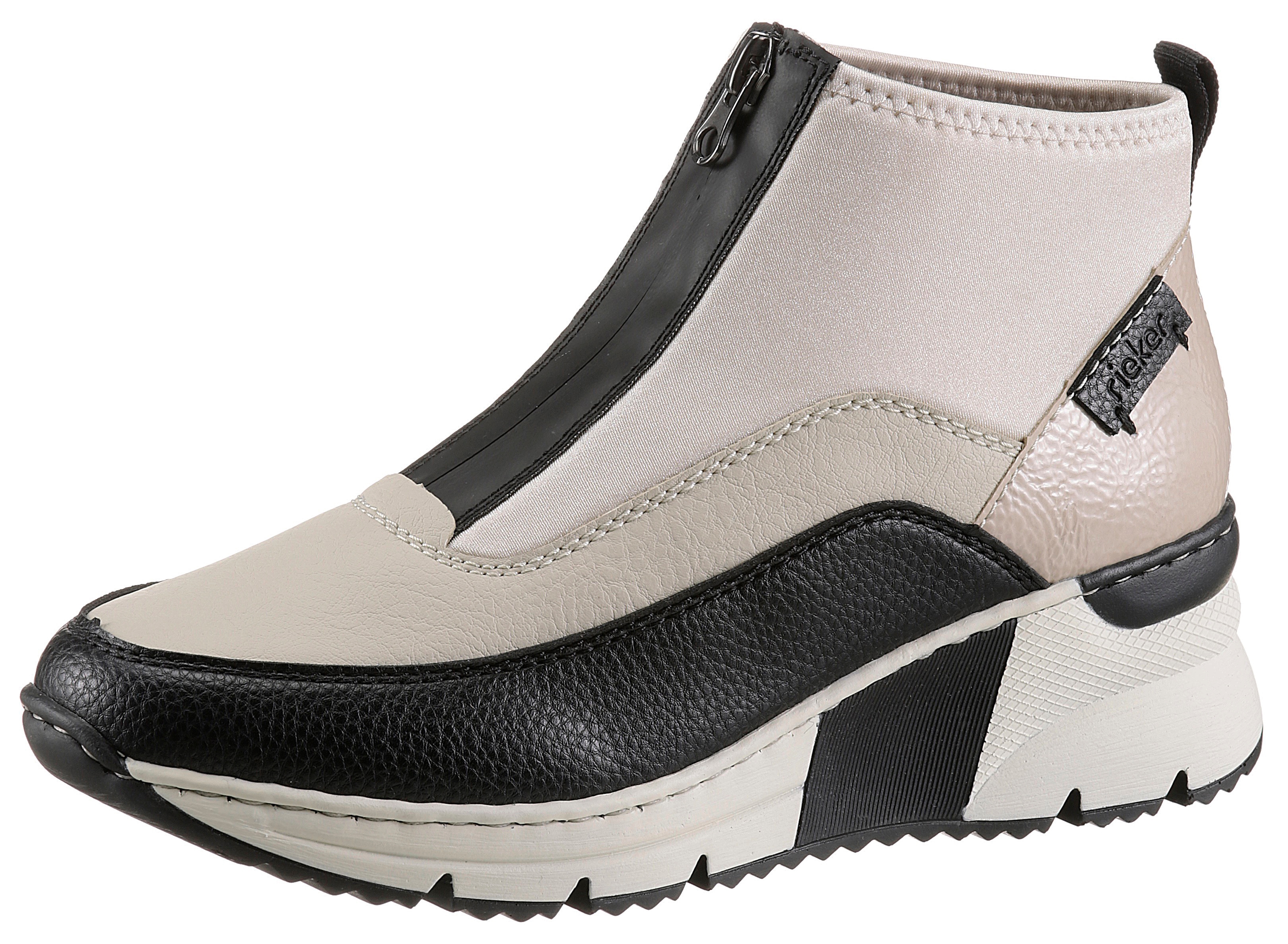 Schlupfboots RIEKER, Damen, Gr. 39, beige (creme, schwarz), Lacklederimitat, Lederimitat, Textil, Schuhe Schlupfboots, Stiefelette, High Top Sneaker mit Reißverschluss auf der Vorderseite