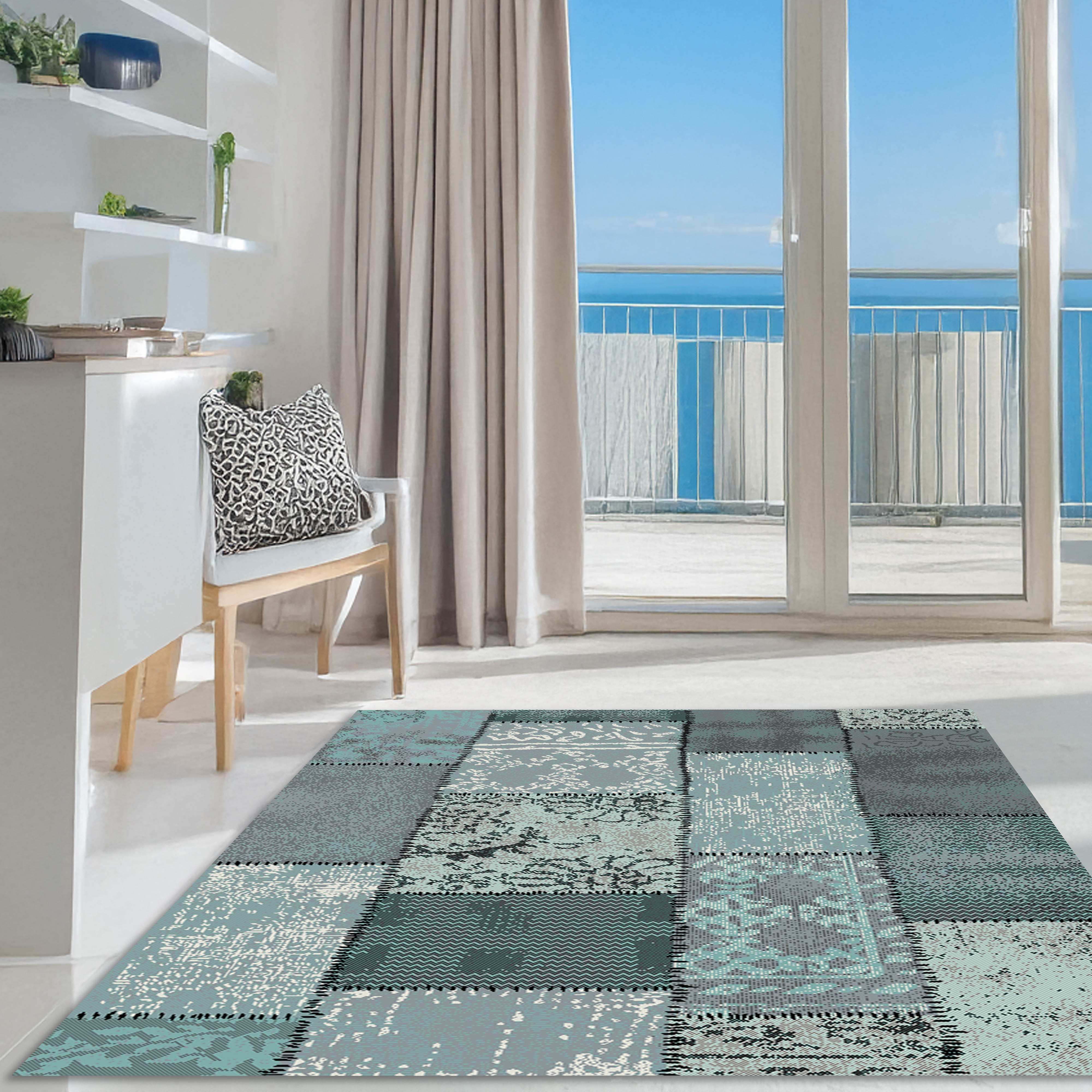 Teppich MY HOME "Garry" Gr. 2, blau (türkis), B:80cm H:7mm L:150cm, Jute, Kunstfaser, Teppiche, Teppich, Vintage, Kurzflor, Patchwork-Design, farbenfroh, Wohnzimmer