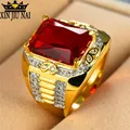Bague de fiançailles vintage remplie d'or jaune 18 carats pour hommes grosse pierre rouge bijoux