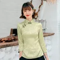 Chemisier en Satin élégant pour femmes chemise à col Mandarin nouveauté chemisier imprimé vert