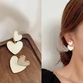 Boucles d'oreilles pendantes coréennes pour femmes émail blanc double cœur bijoux coréens boucle