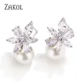 ZAKOL – boucles d'oreilles en Zircon pour femme Imitation perle fleur brillant Marquise boucles