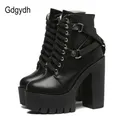 Gdgydh – Bottines lacées noires à talons en cuir pour femmes collection printemps et automne