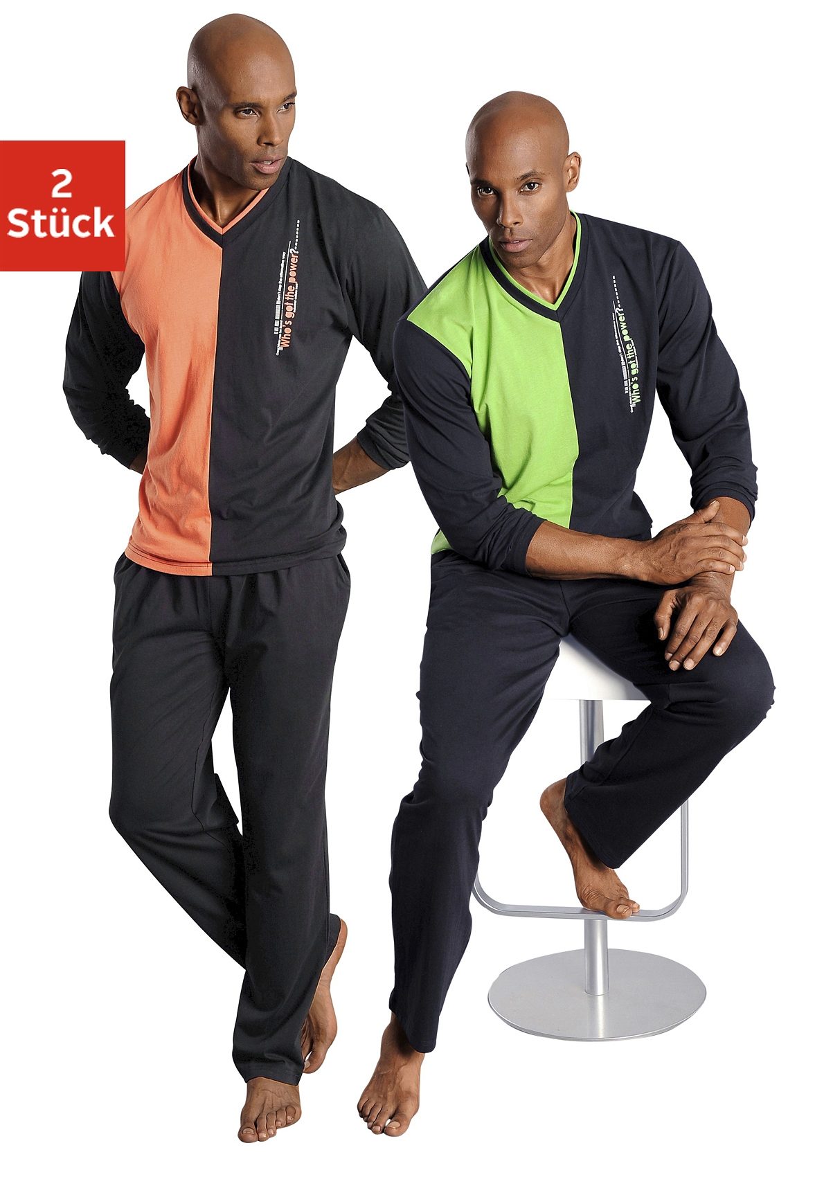 Pyjama LE JOGGER, Herren, Gr. 52/54 (L), bunt (grün, orange), Obermaterial: 100% Baumwolle, colorblocking, Basic, bequem lang, V-Ausschnitt, Homewear-Sets Pyjama, in langer Form, Topseller