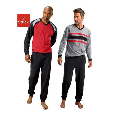 Pyjama LE JOGGER, Herren, Gr. 48/50 (M), schwarz (rot, schwarz, grau, schwarz), Jersey, Obermaterial: 100% Baumwolle, unifarben, Basic, lang, V-Ausschnitt, Langarm angesetztes Bündchen, Homewear-Sets, Schlafanzug in langer Form Image