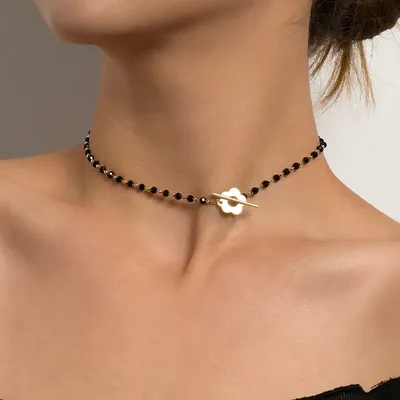 Collier Ras du Cou en Perles de Verre et Clip Noir pour Femme Nouvelle Mode de Luxe Fleur Lariat