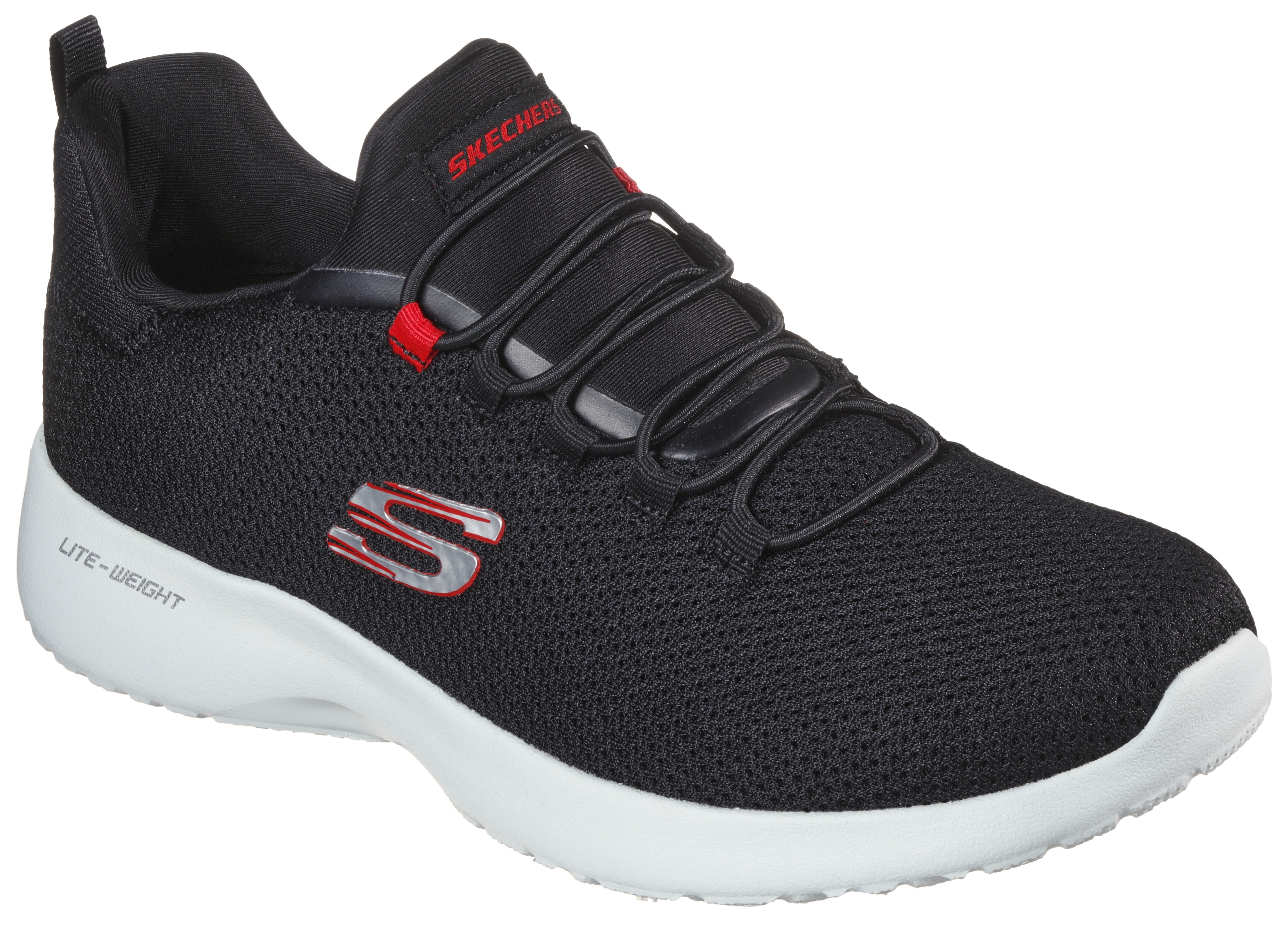 Slip-On Sneaker SKECHERS "DYNAMIGHT", Herren, Gr. 44, schwarz (schwarz, rot), Synthetik, Textil, Schuhe Modernsneaker Sneaker low, Slipper, Freizeitschuh, Trainingschuh mit Memory Foam-Innensohle, Topseller