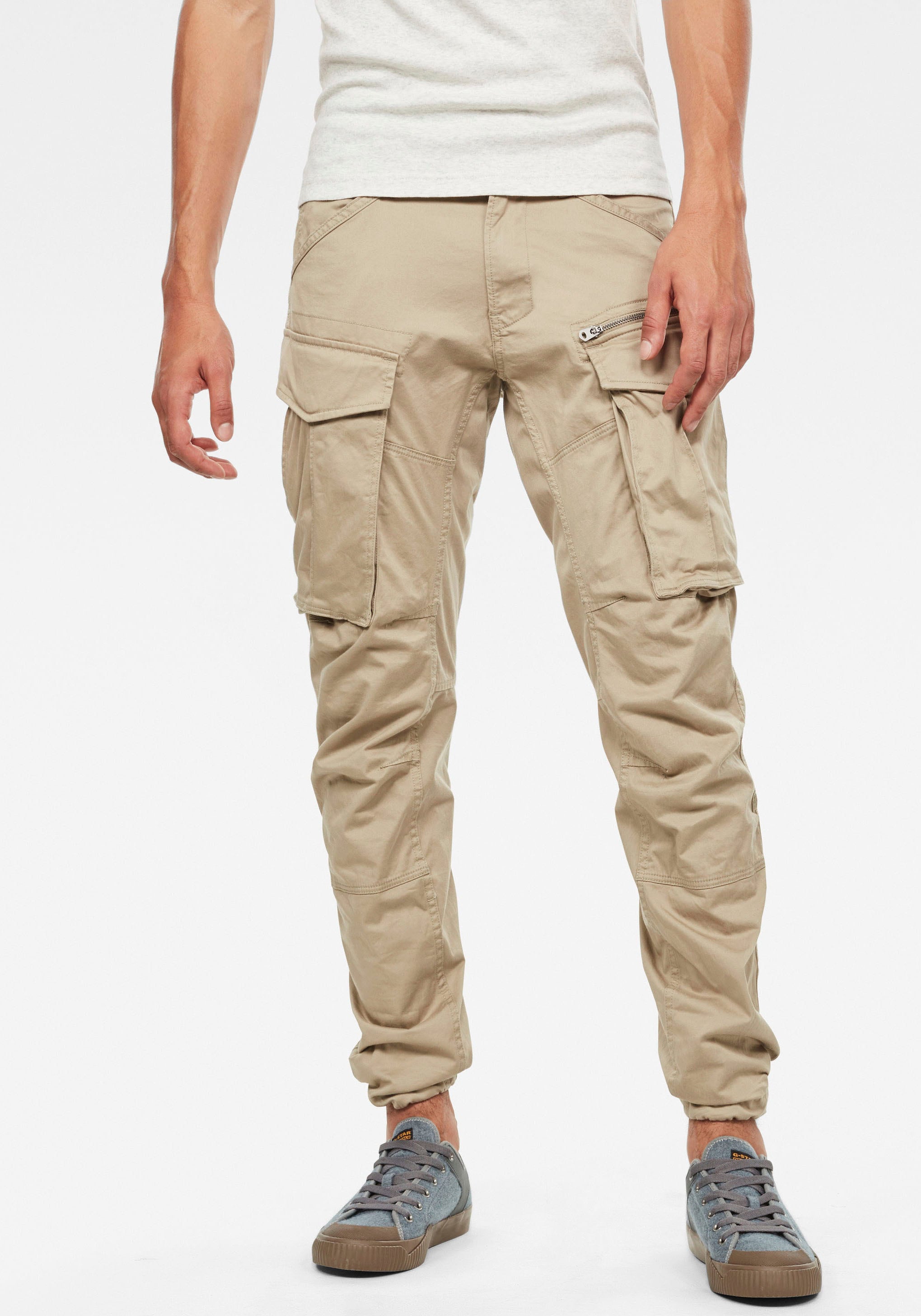 Cargohose G-STAR "Rovic Zip 3D Tapered Pant", Herren, Gr. 34, Länge 34, beige, Web, Obermaterial: 97% Baumwolle, 3% Elasthan, unifarben, normal lang, Hosen Cargohose, Tapered Fit