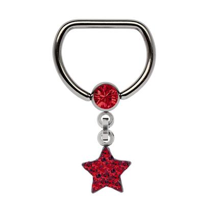 Brustwarzenpiercing ADELIA´S "Piercing Piercing Brustpiercing", Damen, rot, Titan, modisch, Piercings, Titan Brustpiercing D-Ring + 5 mm Klemm-Kugel mit Kette + Stern rot