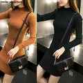 Robe pull mi-longue à manches longues pour femmes tricots sexy couleur unie automne hiver
