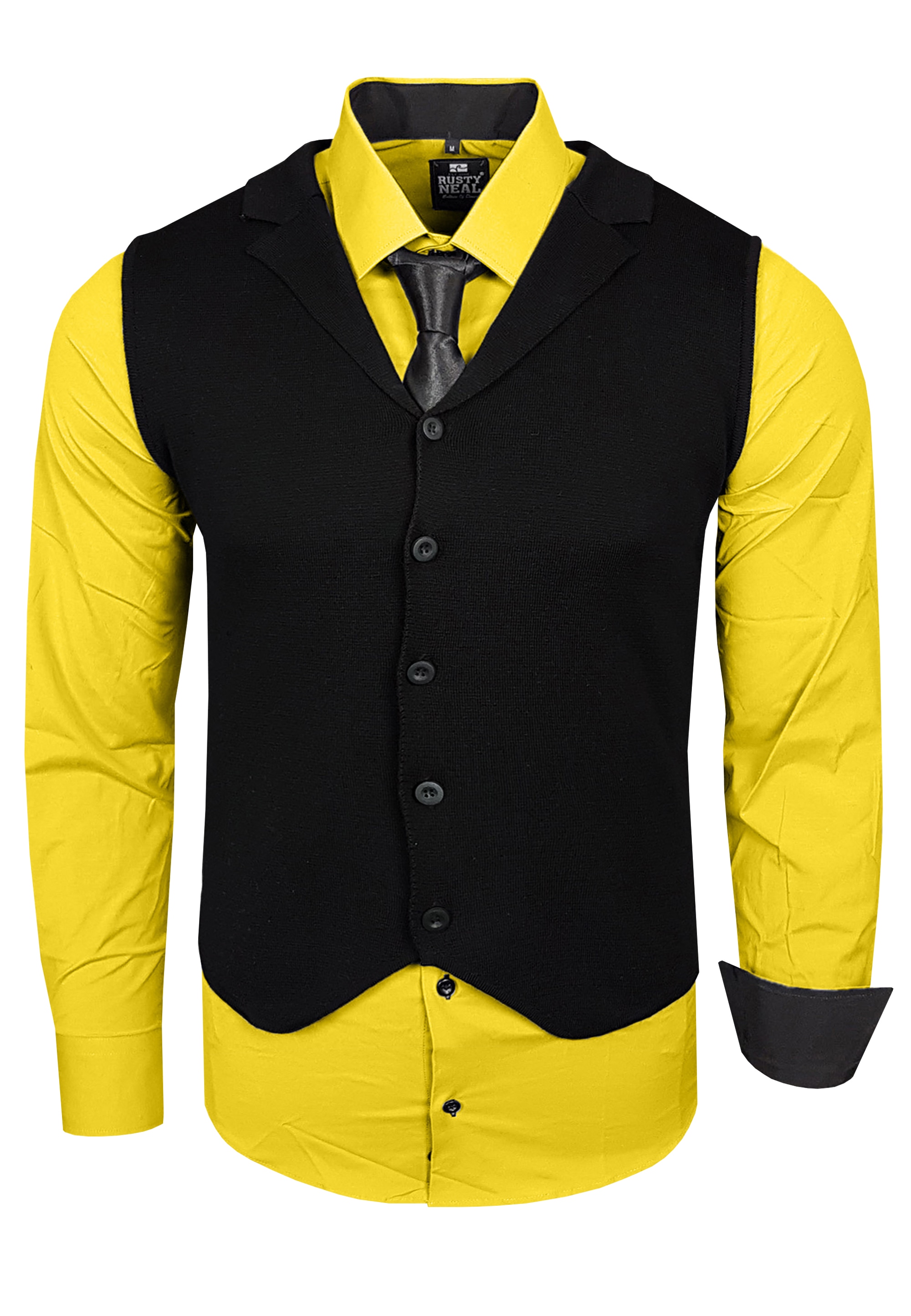 Langarmhemd RUSTY NEAL, Herren, Gr. 4XL, EURO-Größen, gelb, 60% Baumwolle, 37% Polyester, 3% Elasthan, mehrfarbig, ohne Ausschnitt, Hemden, bestehend aus Hemd, Weste und Krawatte