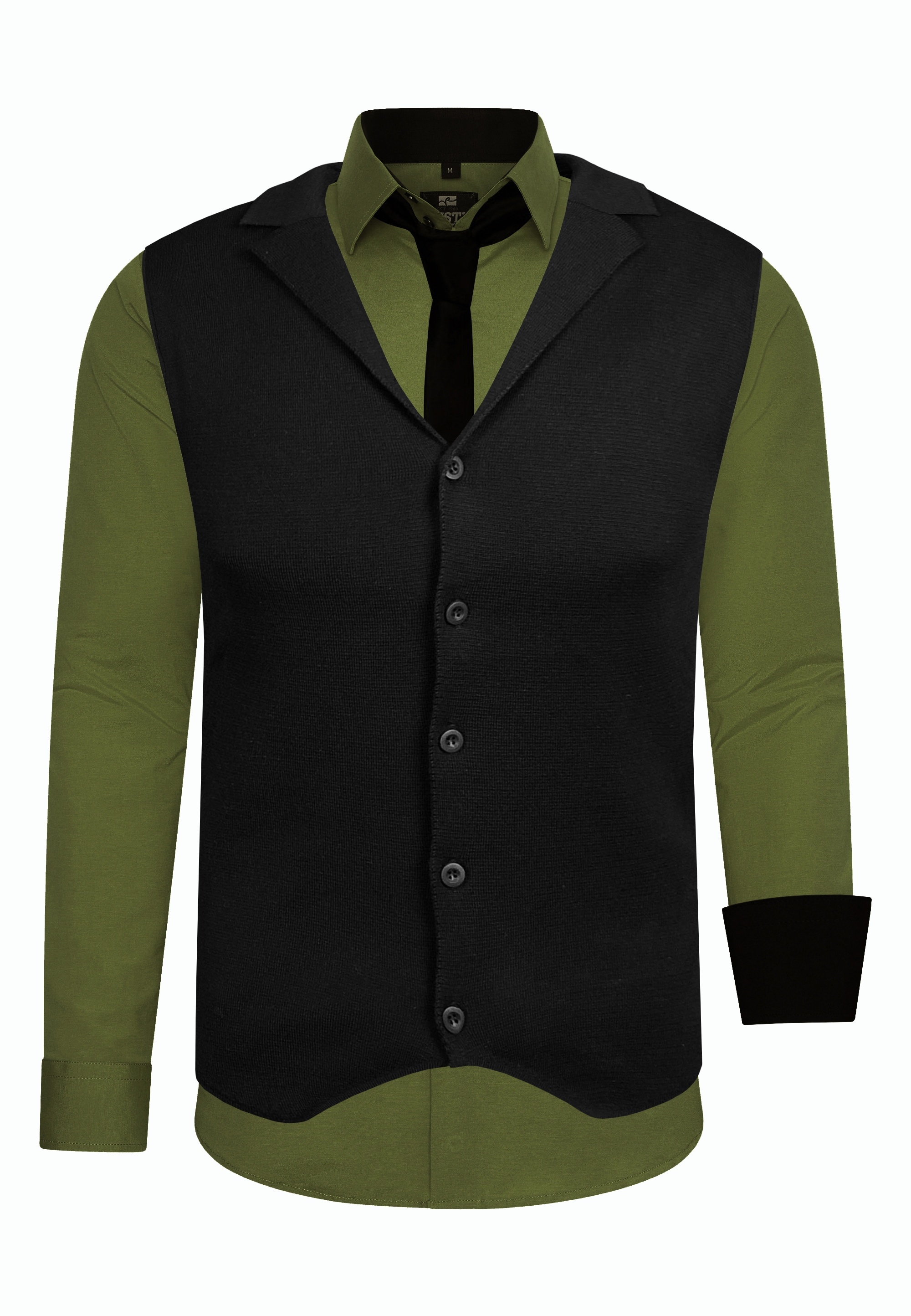 Langarmhemd RUSTY NEAL, Herren, Gr. M, EURO-Größen, grün (khaki), 60% Baumwolle, 37% Polyester, 3% Elasthan, mehrfarbig, ohne Ausschnitt, Hemden, bestehend aus Hemd, Weste und Krawatte