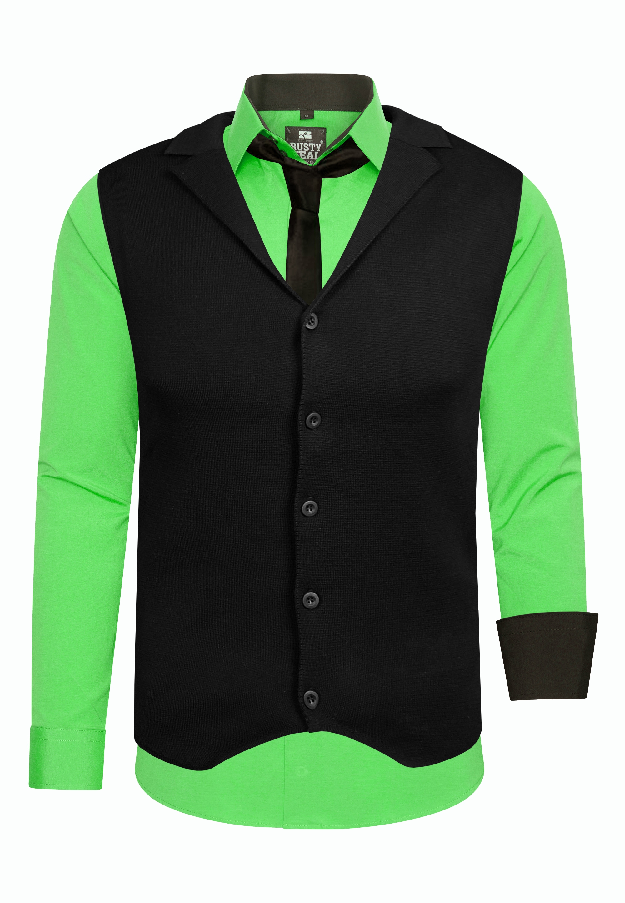 Langarmhemd RUSTY NEAL, Herren, Gr. S, EURO-Größen, grün, 60% Baumwolle, 37% Polyester, 3% Elasthan, mehrfarbig, ohne Ausschnitt, Hemden, bestehend aus Hemd, Weste und Krawatte