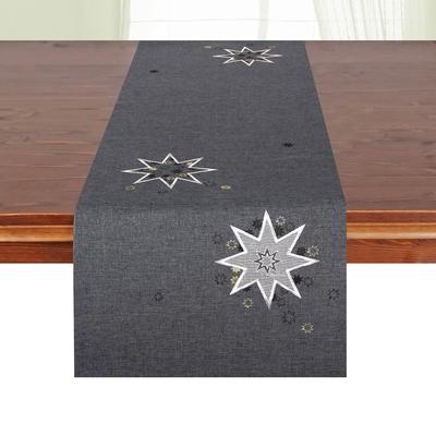 Tischläufer DELINDO LIFESTYLE "Weihnachtssterne" Gr. 1, grau (anthrazit), B:40cm L:140cm, Polyester, Tischdecken, Glattes Gewebe, bestickt Image
