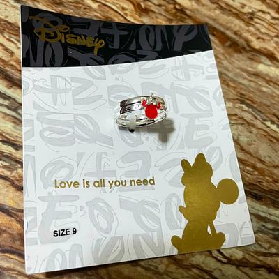 Disney Jewelry | Disney Sterling Silver Red Enamel Charm Love Is All You Need Minnie Mouse Ring | Color: Red/Silver | Size: Size: 9