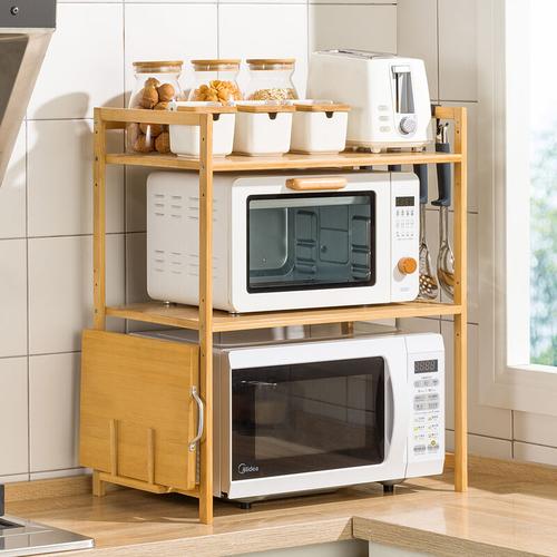 Mikrowellenregal Bambus Küchenregal Multifunktionsregal mit 4 Haken 55 x 35 x 67 cm
