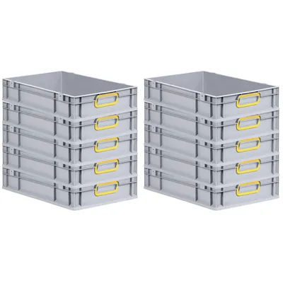 PROREGAL SparSet 10x Eurobox NextGen Color, HxBxT 12x40x60cm, 23 Liter, Griffe gelb zu, Grau, Eurobehälter, Box, Transportbehälter Image