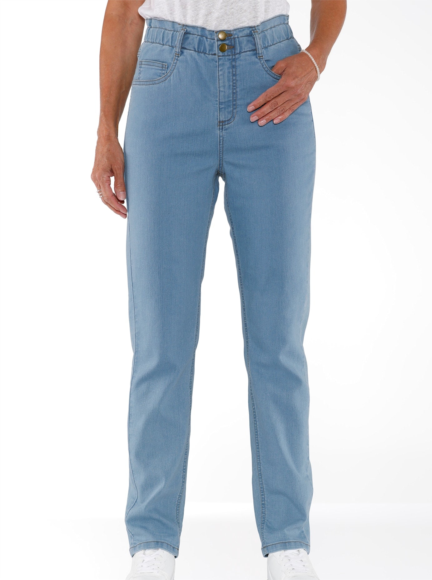 Bequeme Jeans CLASSIC BASICS, Damen, Gr. 44, Normalgrößen, blau (blau, bleached), 81% Baumwolle, 17% Polyester, 2% Elasthan, unifarben, lang, Jeans Image