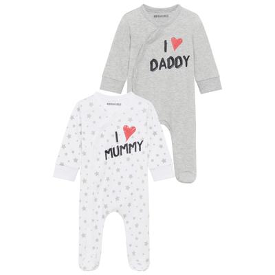 Schlafoverall KIDSWORLD "2er Schlafoveralls: I love Mummy / I love Daddy", Baby, Gr. 62/68, N-Gr, grau (weiß, grau, meliert), Interlock, Obermaterial: 100% Baumwolle. Obermaterial Melange: 95% Baumwolle, 5% Viskose, bedruckt, Basic, Basic, Rundhals,...
