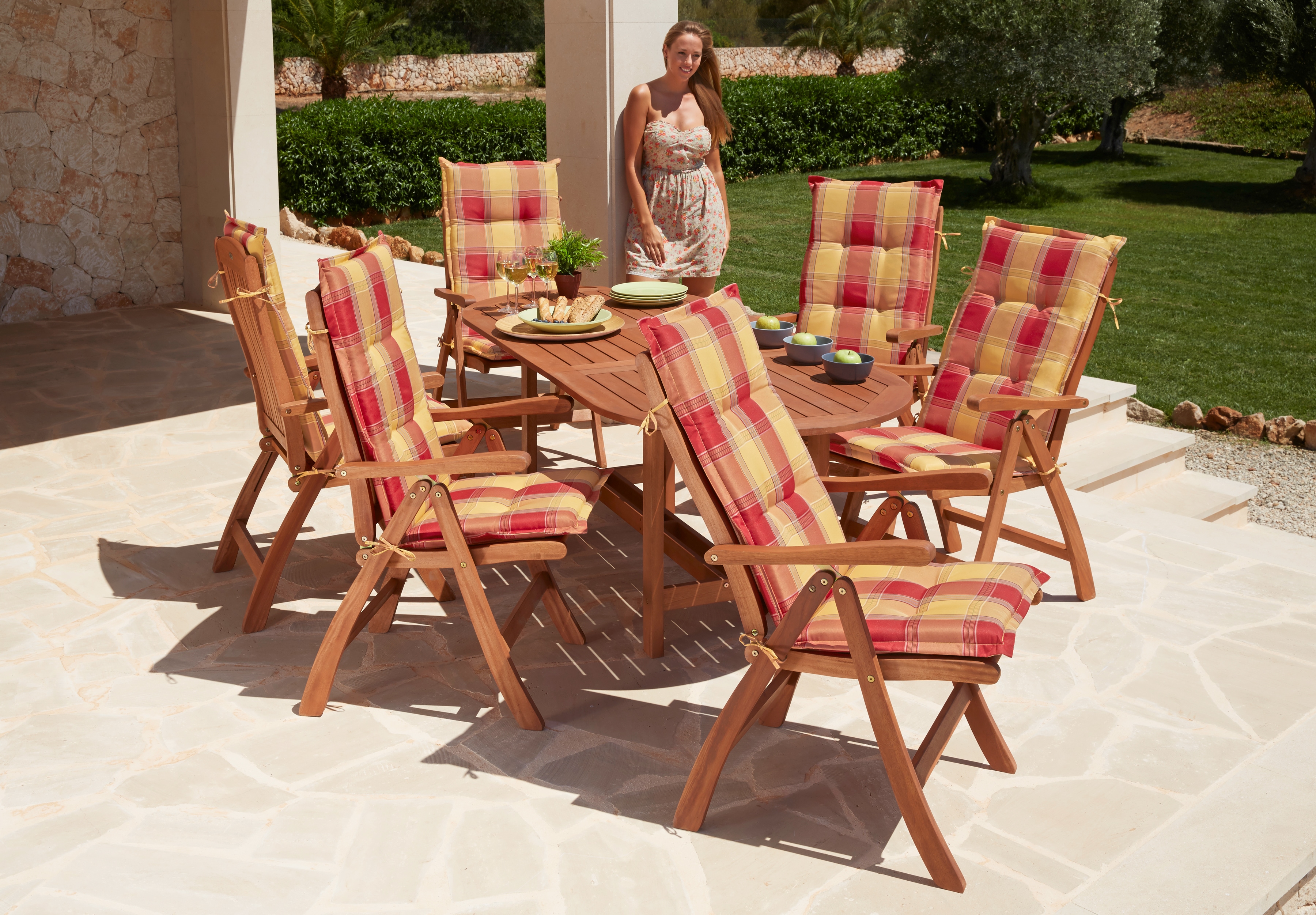 Garten-Essgruppe MERXX "Maracaibo", braun (braun,), Obermaterial: 100% Polyester. Füllung: 100% Polyurethan, Sitzmöbel-Sets, Eukalyptusholz, FSC Mix, geeignet für 6 Personen