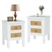 Farmhouse Nightstand End Table with 2 Rattan Decorated Drawers, Night Stand for Bedroom, Living Room, Dorm (White)