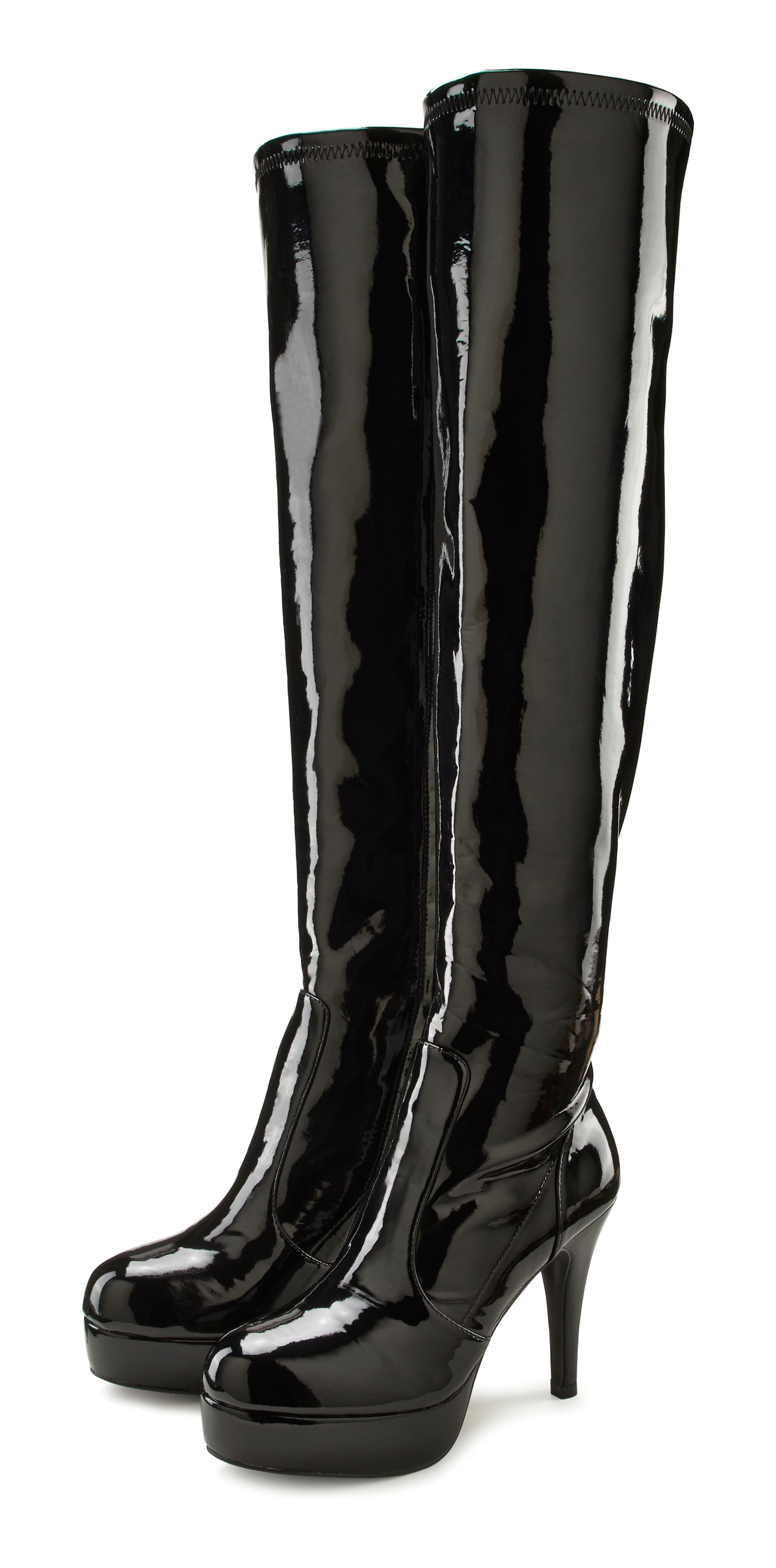 Overkneestiefel "High-Heel-Stiefelette mit Plateau", Damen, Gr. 40, schwarz, Obermaterial: 100% Lederimitat. Decksohle: 100% Lederimitat. Futter: 100% Textilmaterial. Laufsohle: 100% Synthetik, LASCANA BELLE AFFAIRE, glänzend, unifarben, Schuhe...