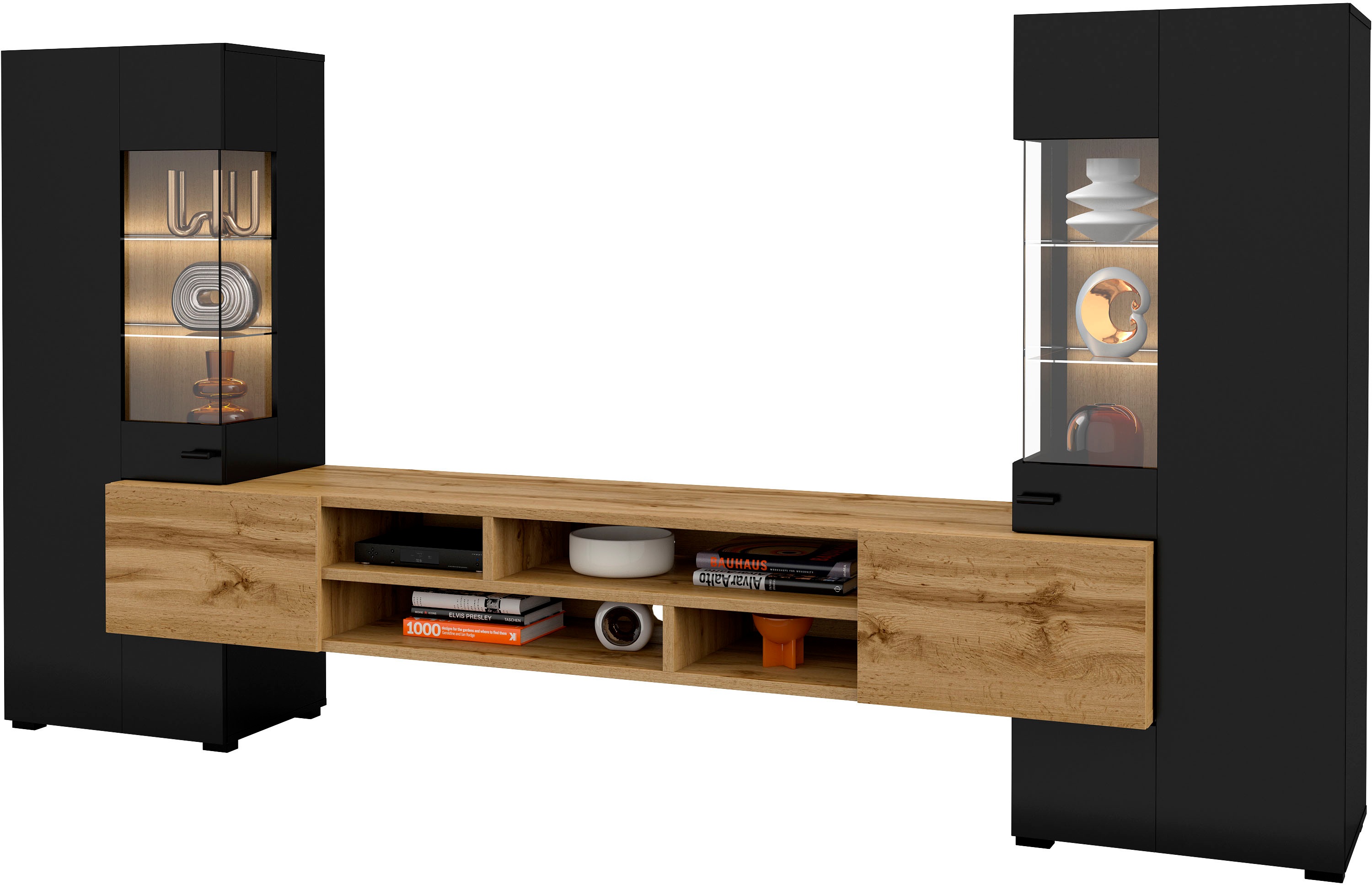 Wohnwand INOSIGN "Coby", schwarz (schwarz, eichefarben wotan), B/H/T: 270cmcm, Kastenmöbel-Sets, Wohnwand, Breite 270 cm